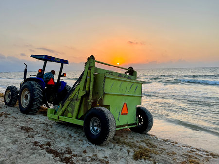 Playa del Carmen, Mexico- 6 April, 2023: Mexico fighting sargassum with heavy-duty machines.