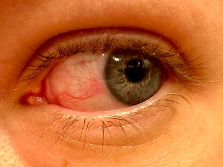 Close-up eyeball with red capillaries. A painful look. High quality photo