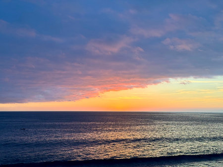 Bright sunset on the sea, horizontal photo.