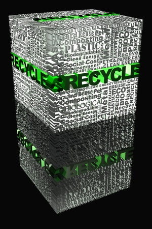Cube with Recycle words related and recycle word highlight in green and black backgroundの写真素材