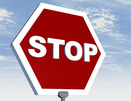Road sign with stop word on red background