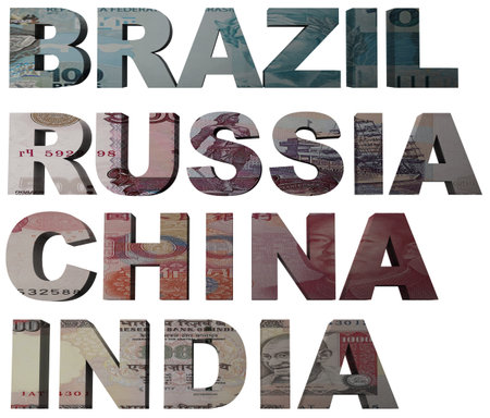 3d design rendered formed by the BRIC countries Brazil, Russia, India and Chinaの写真素材