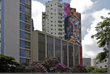 SAO PAULO, BRAZIL Ã¢ÂÂ FEBRUARY 08, 2015: A big and color mural on the wall from Brazilian graffiti artist Kobra at Paulista Avenue in Sao Paulo Brazil.のeditorial素材