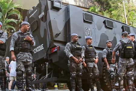 SAO PAULO, BRAZIL August 16 2015: An unidentified group of cops take care of security in the protest against federal government corruption in Sao Paulo Brazil.のeditorial素材