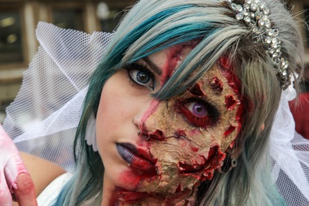 Sao Paulo, Brazil November 11 2015: An unidentified girl in traditional bride costumes in the annual event Zombie Walk in Sao Paulo Brazil.のeditorial素材