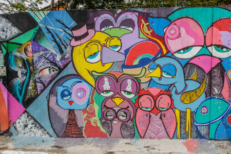 Sao Paulo, Brazil February 4, 2017: Colorful graffiti of unidentified artist on the wall of the Batman Alley in Sao Pauloのeditorial素材