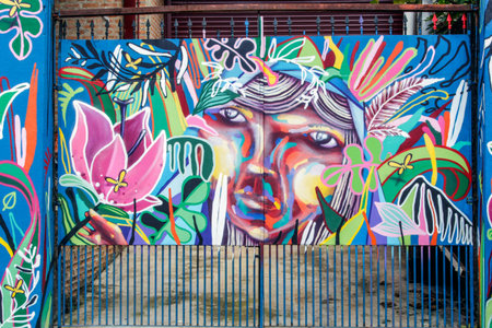 Sao Paulo, Brazil February 4, 2017: Colorful graffiti of unidentified artist on the wall of the...