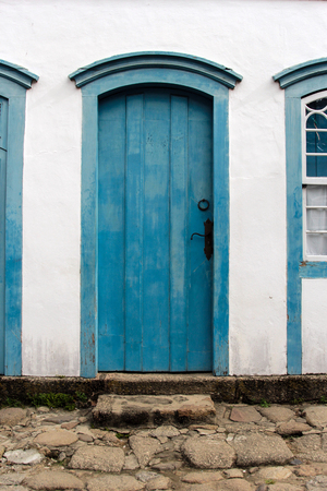Detail of the typical portuguese style colorful colonial buildings in the historical downtown of Paraty, Rio de Janeiro, Brazil.の写真素材