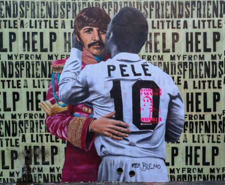 Sao Paulo, Brazil August 6, 2017: Colorful graffiti of unidentified artist show Pele and Ringo Star on the wall of the Batman Alley, a very famous public place in Sao Pauloのeditorial素材