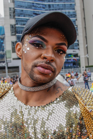 Sao Paulo, Brazil - June 3, 2018: An unidentified Drag Queen dressed in a costume celebrating lesbian, gay, bisexual, and transgender culture in the 22th LGBTI Pride Parade Sao Paulo.のeditorial素材