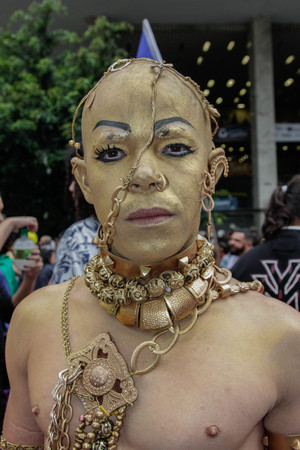 Sao Paulo, Brazil - June 3, 2018: An unidentified man with costume in a costume celebrating lesbian, gay, bisexual, and transgender culture in the 22th LGBTI Pride Parade Sao Paulo.のeditorial素材