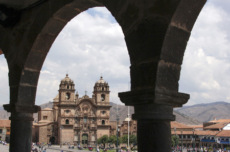 Close up of an old catholic church facade in Cuzco Peruの写真素材