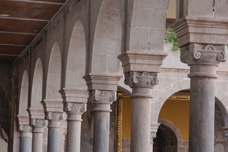 Interior architecture and detail of arcs in the Templo de Santo Domingo in Cuzco Peru. Historical district. Koricancha was the most important temple in the Inca Empire, dedicated to the Sun God.の写真素材