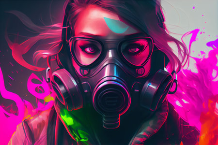 Conception of a hacker girl with color smoke and mask illustrationの写真素材