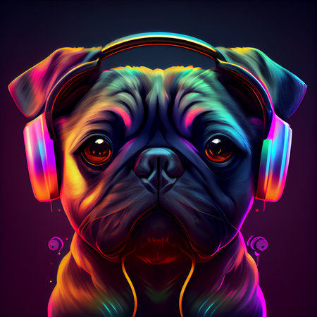 Funny dog wearing big retro headphones with neon colorsの写真素材