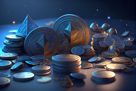 Concept of modern money with a pile of bitcoins with blue lightの写真素材