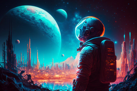Illustration of an astronaut in spacesuits looking at a future cityの素材