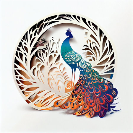 Papercut art of a peacock with white backgroundの素材