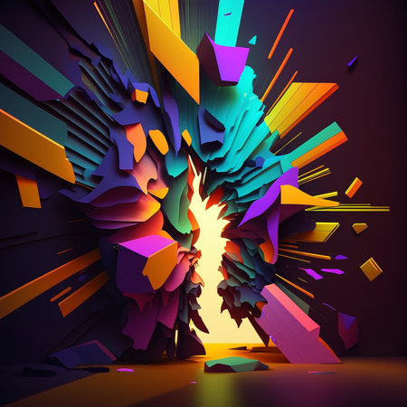 Abstract colorful illustration in 3D of an explosion in a portal entranceの素材
