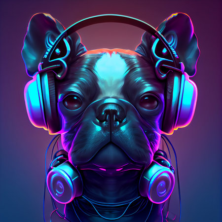 Funny dog wearing big retro headphones with neon colorsの素材