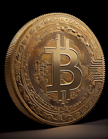 Gold coin of crypto bitcoin with black backgroundの素材