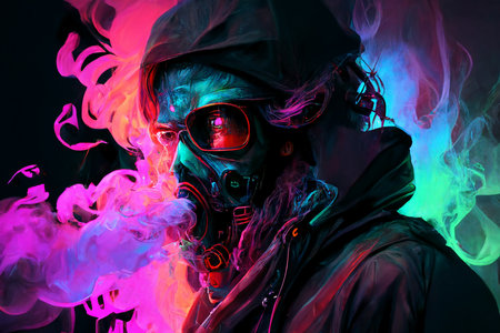 Conception of a hacker with color smoke and mask illustrationの素材