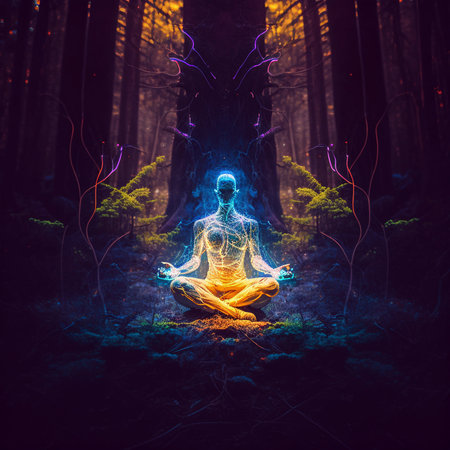 Colorful illustration of a Yogi in a meditation position with chakras emitting lightsの素材
