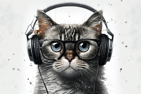 Funny realistic cat wearing big retro headphones white backgroundの素材