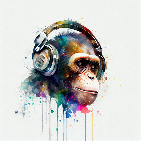 Funny monkey wearing big retro headphones in watercolor styleの写真素材