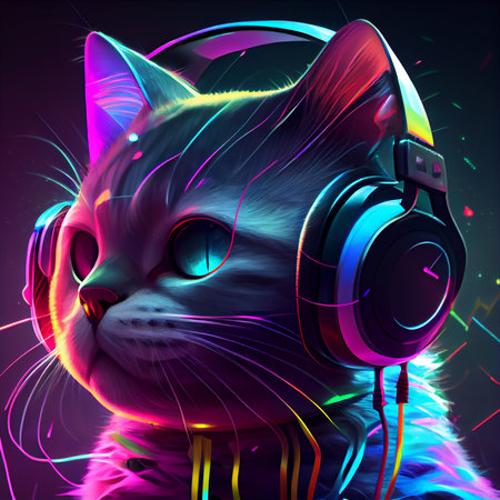 Funny cat wearing big retro headphones with neon colorsの写真素材