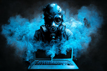 Conception of a hacker with blue smoke and mask illustrationの素材