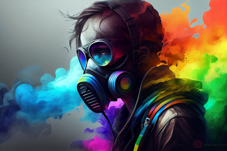Conception of a hacker with color smoke and maskの素材