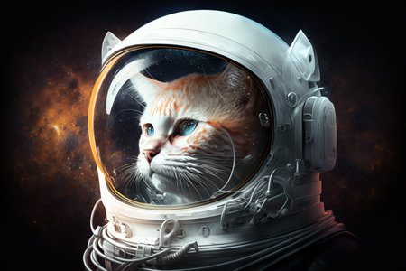 Funny cat wearing astronaut detailed white helmetの素材
