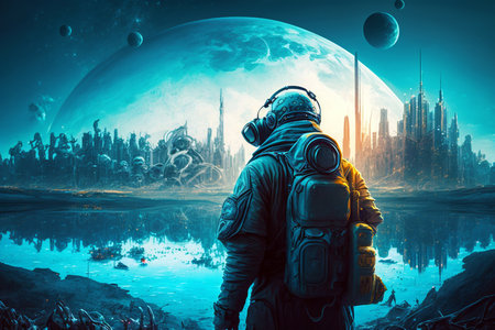 Illustration of an astronaut in spacesuits looking at a future cityの素材