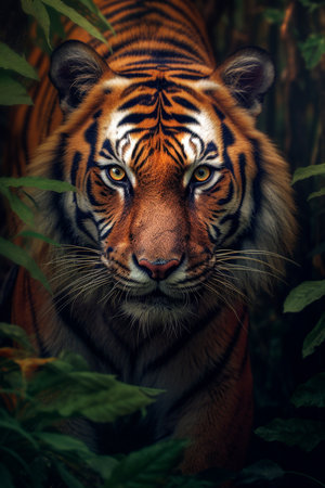 Male African Tiger large detail of face in focus with great detailの素材