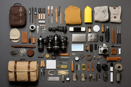 Collection of photography tools on a white background organized symmetricの素材