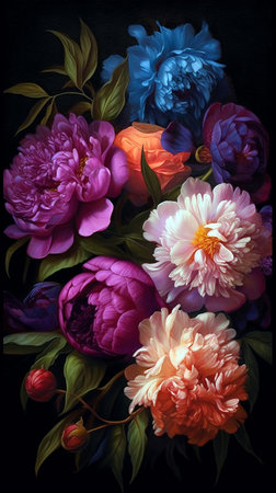 Arrangement of colorful peonies and foliage on a black backgroundの素材