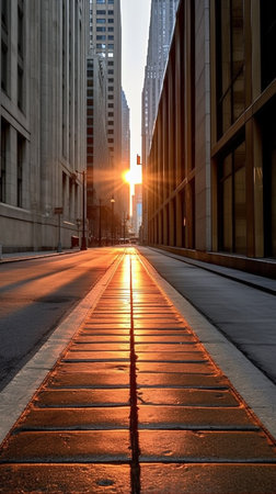 Sunset in a big city with a low angle photo from a viewpoint in the middle of a streetの素材
