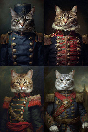 Simulation of a classic oil painting of a cat in military clothing renaissance styleの素材