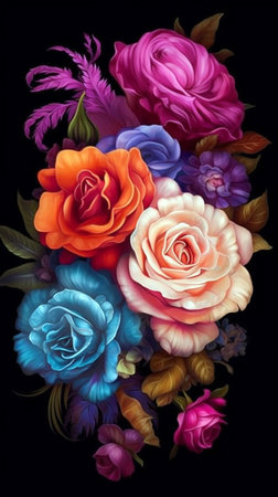 Arrangement of colorful roses and foliage on a black backgroundの素材