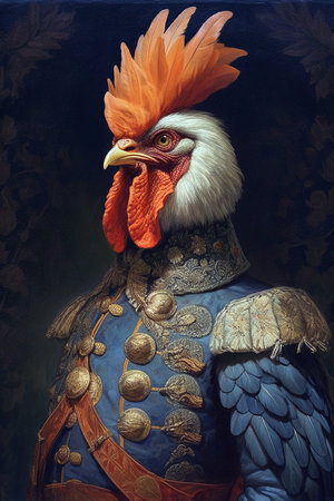 Simulation of a classic oil painting of a rooster in military clothing in the classical renaissances styleの素材