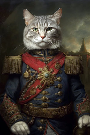 Simulation of a classic oil painting of a cat in military clothing renaissance styleの素材