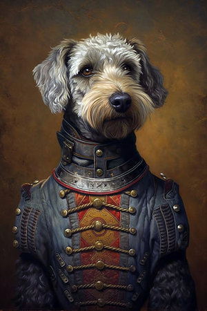Simulation of a classic oil painting of a dog in military clothing renaissance styleの素材
