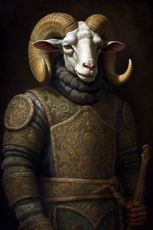 Simulation of a classic oil painting of a goat in military clothing renaissance styleの素材