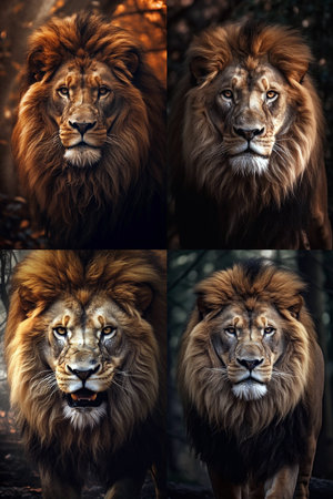 Four pictures of African Lion large detail of face in focusの素材