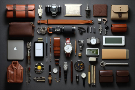 Collection of travel tools organized on a white background symmetricの素材