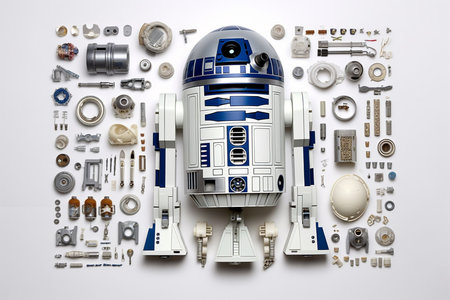 Collection of R2D2 Robot pieces organized on a white background organized symmetricの素材