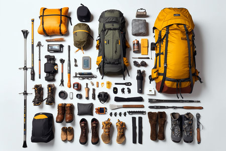 Collection of trek and climb tools organized on a white backgroundの素材