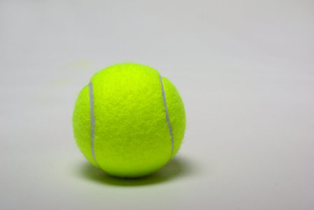 A green tennis ball sits on a plain white background.の写真素材