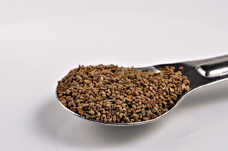A spoonful of celery seeds on a white background.の写真素材